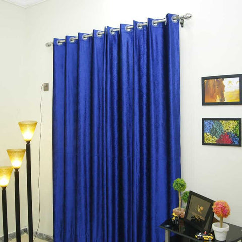 Pair (2 Curtains) Blue Self Print Curtain With Luxury Decor