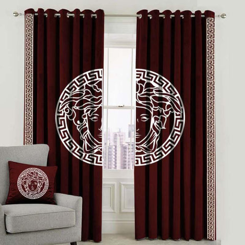 Pair (2 Curtains) Velura Classic Velvet Curtains with Greek Border Design & Motif