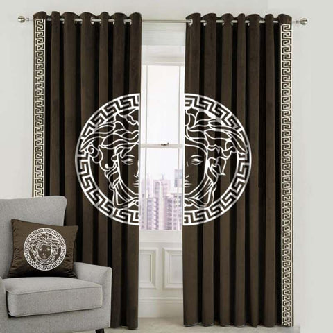 Pair (2 Curtains) Velura Classic Velvet Curtains with Greek Border Design & Motif