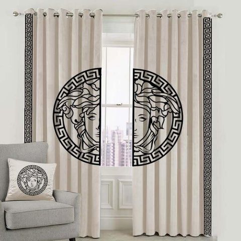 Pair (2 Curtains) Velura Classic Velvet Curtains with Greek Border Design & Motif
