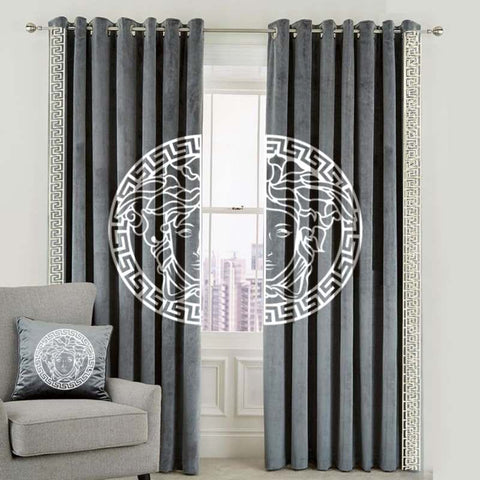 Pair (2 Curtains) Velura Classic Velvet Curtains with Greek Border Design & Motif