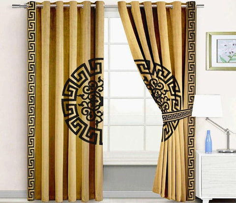 Pair (2 Curtains) Velura Classic Velvet Curtains with Greek Border Design & Motif