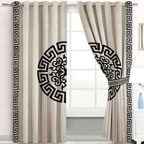 Pair (2 Curtains) Velura Classic Velvet Curtains with Greek Border Design & Motif