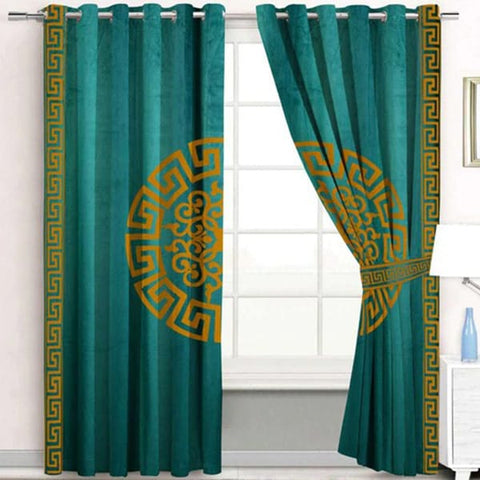 Pair (2 Curtains) Velura Classic Velvet Curtains with Greek Border Design & Motif