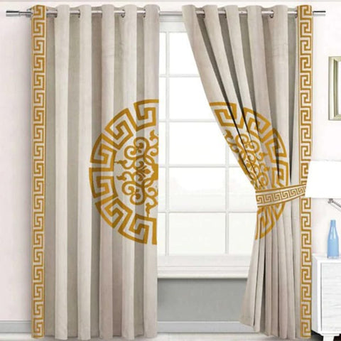 Pair (2 Curtains) Velura Classic Velvet Curtains with Greek Border Design & Motif