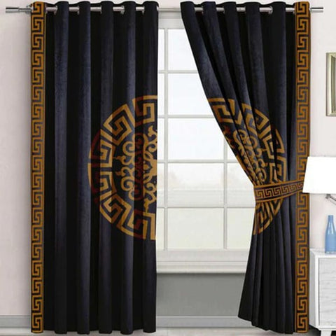 Pair (2 Curtains) Velura Classic Velvet Curtains with Greek Border Design & Motif