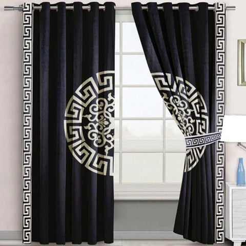 Pair (2 Curtains) Velura Classic Velvet Curtains with Greek Border Design & Motif